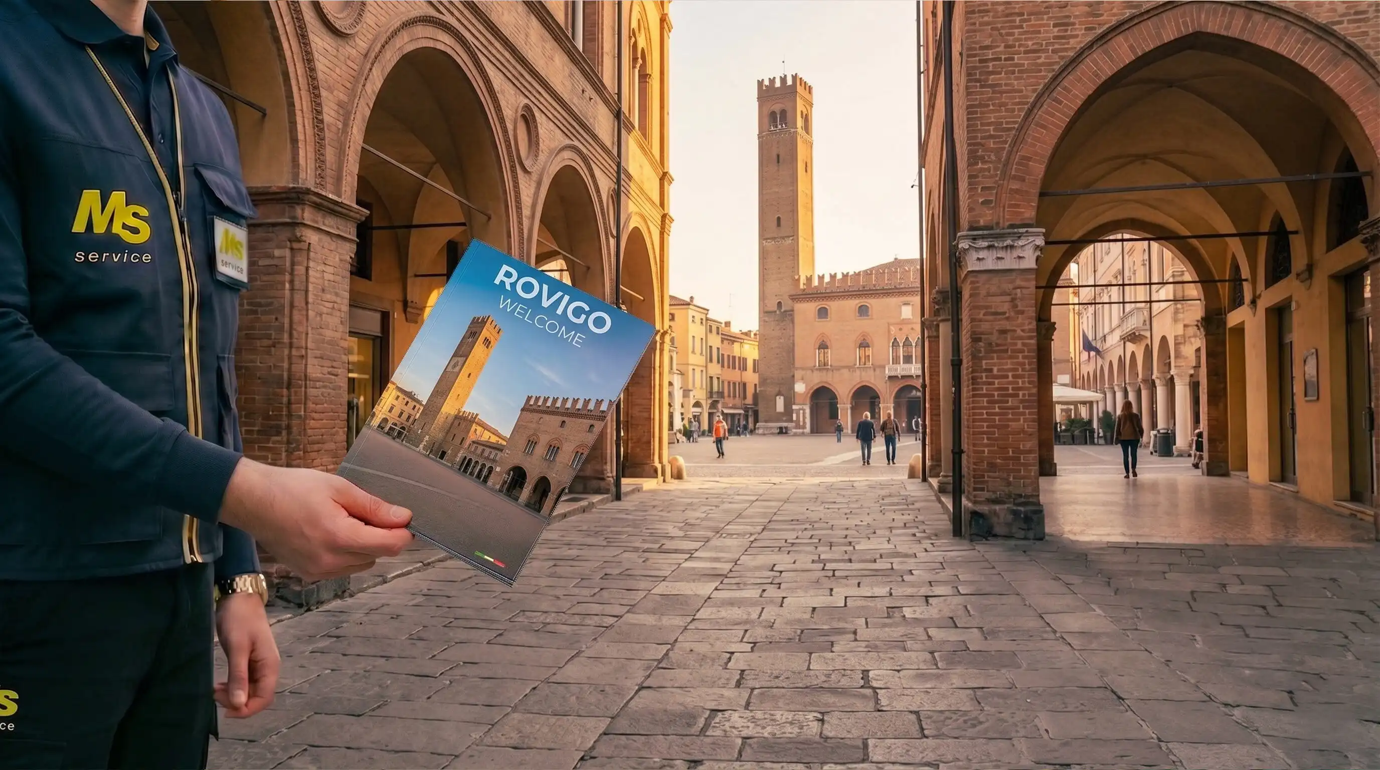 Operatore MS Service distribuisce volantini a Rovigo con geolocalizzazione GPS certificata